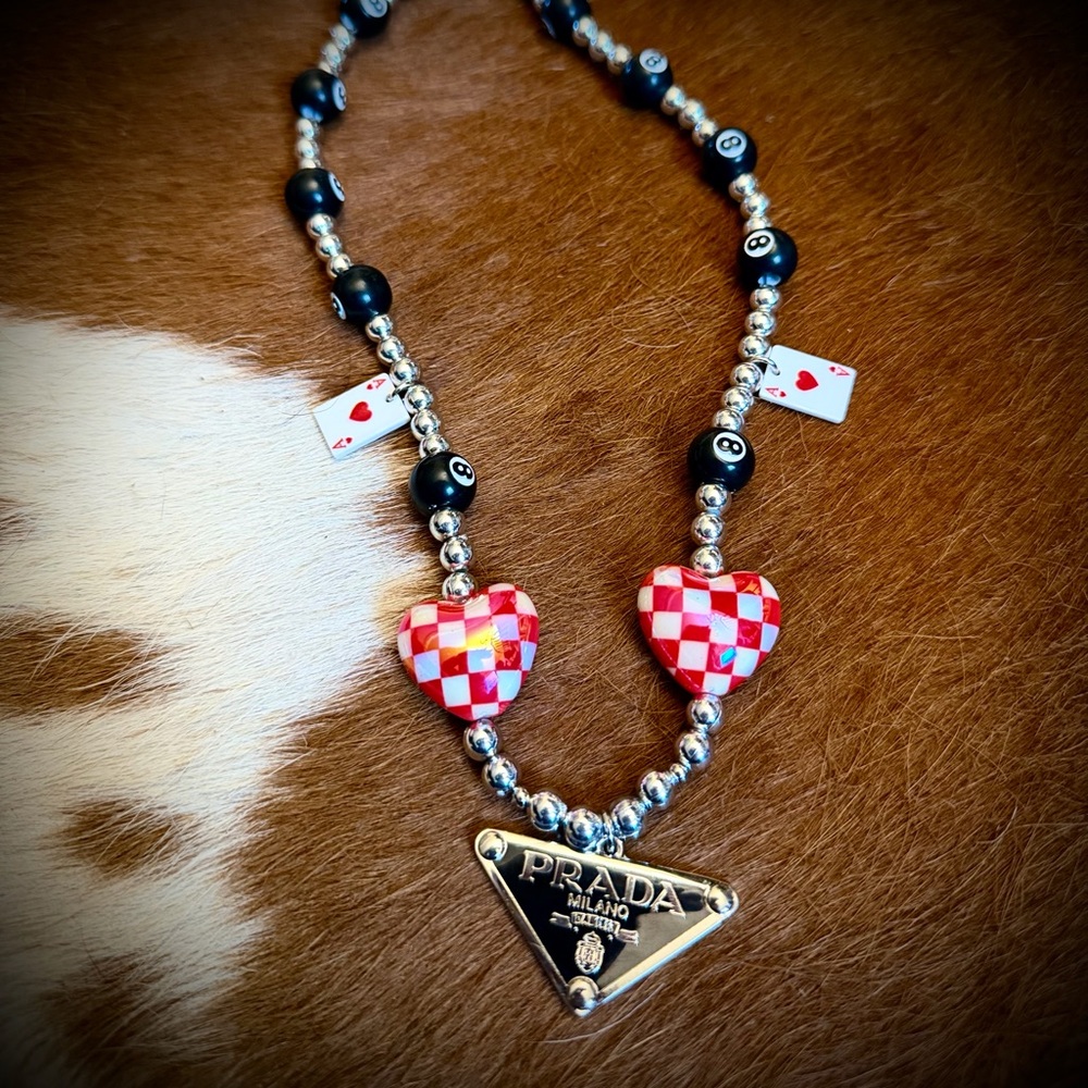 Prada Silver and Red Checkered Heart Necklace
